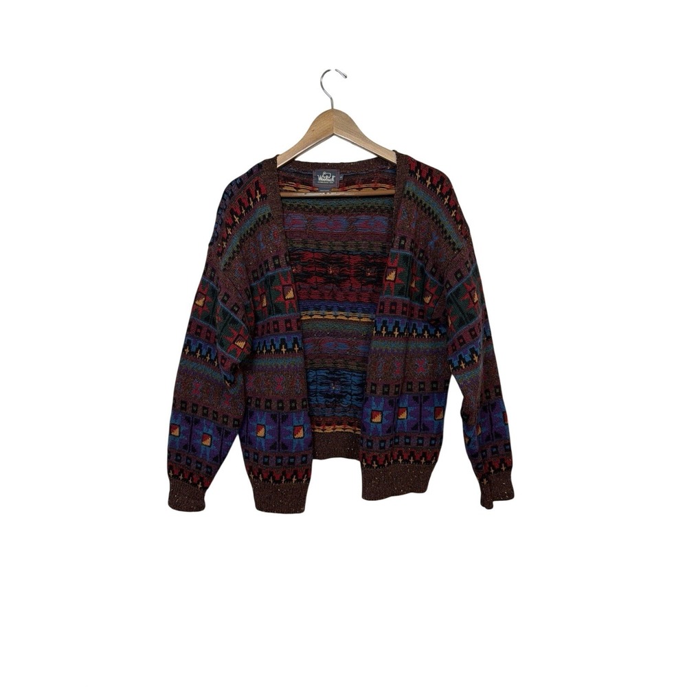 Woolrich Cardigan Sweater Womens S Brown Multi Fair Isle Vintage 90s Handframed